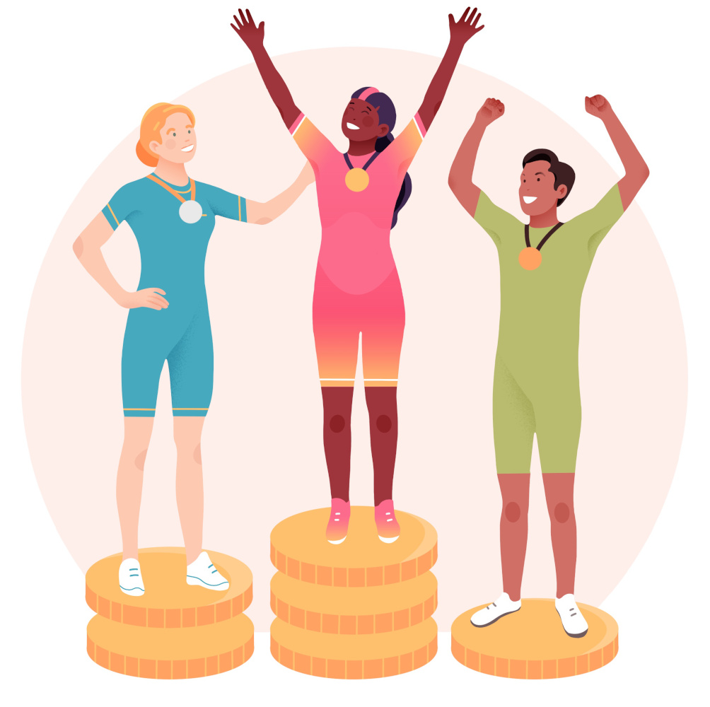Illustration for cash prizes in triathlons. Three winners stand atop different height podiums made of coins.
